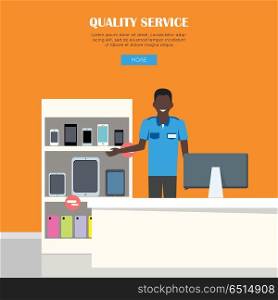 Quality Service Concept. Quality service concept. Smiling man in blue shirt standing behind counter of store. People shopping, marketing people, customer in mall, retail store illustration. People in supermarket interior.