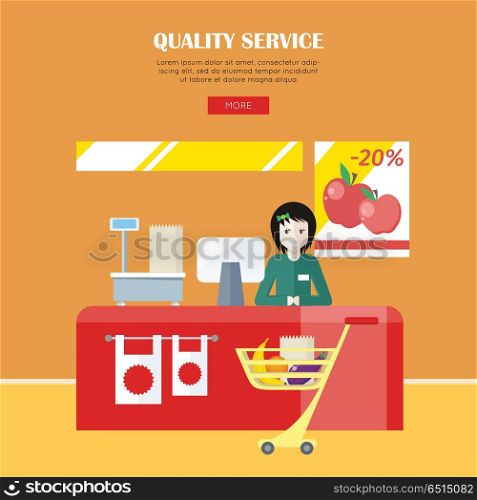 Quality Service Concept. Quality service concept. Woman in green shirt standing behind counter of supermarket. People shopping, marketing people, customer in mall, retail store illustration. People in supermarket interior.