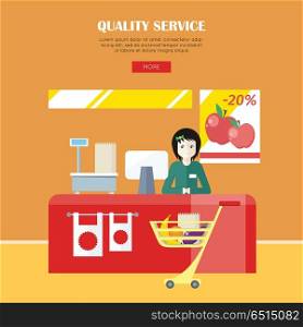 Quality Service Concept. Quality service concept. Woman in green shirt standing behind counter of supermarket. People shopping, marketing people, customer in mall, retail store illustration. People in supermarket interior.