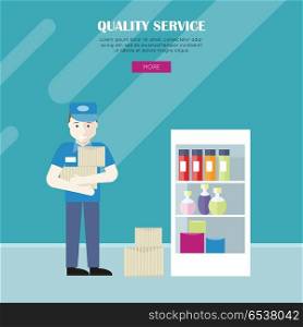 Quality Service in Grocery Shop Vector Web Banner.. Quality service in grocery shop vector web banner. Flat style. Grocery store personnel. Worker in uniform with products in supermarket. Illustration for retail store advertising, web pages design.