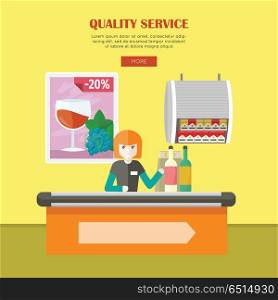 Quality Service in Supermarket Vector Web Banner. . Quality service in supermarket vector banner. Flat style. Smiling woman cashier sits behind the cash register and ringing drinks. Comfortable and fast purchases illustration for store web page design.