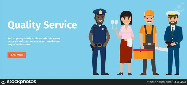 Quality Service of 4 Professions Isolated on Blue. Quality service of black policeman, waitress with tray and two glasses, builder with tool box and bearded mariner vector illustration