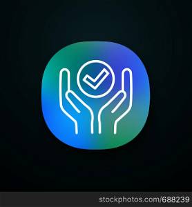 Quality services app icon. Quality assurance. Verification and validation. Meeting requirements. Hands holding check mark. UI/UX user interface. Mobile application. Vector isolated illustration. Quality services app icon