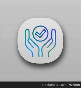 Quality services app icon. Quality assurance. Verification and validation. Meeting requirements. Hands holding check mark. UI/UX user interface. Web or mobile application. Vector isolated illustration. Quality services app icon