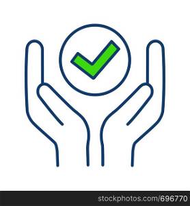 Quality services color icon. Quality assurance. Verification and validation. Meeting requirements. Hands holding check mark. Isolated vector illustration. Quality services color icon