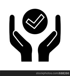 Quality services glyph icon. Quality assurance. Verification and validation. Meeting requirements. Hands holding check mark. Silhouette symbol. Negative space. Vector isolated illustration. Quality services glyph icon