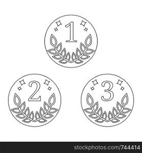 Quality signs. Coin icons isolated on white background. First, second, third places. Line style winner symbol. Clean and modern vector illustration for design, web.