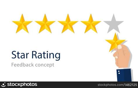 Quality star rating. Feedback rank concept. Customer appraisal, performance rate, positive review. Good evaluation of service in flat style. Best appreciation of quality. Isolated vector illustration. Quality star rating. Feedback rank concept. Customer appraisal, performance rate, positive review. Good evaluation of service in flat style. Best appreciation of quality. Isolated vector