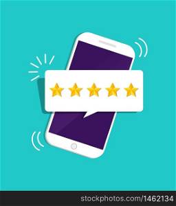 Quality stars rating. Customer review with gold star icon in mobile. 5 stars assessment of customer in flat style. Feedback concept. Quality, appraisal, level rank. Positive review. vector isolated. Quality stars rating. Customer review with gold star icon in mobile. 5 stars assessment of customer in flat style. Feedback concept. Quality, appraisal, level rank. Positive review. vector