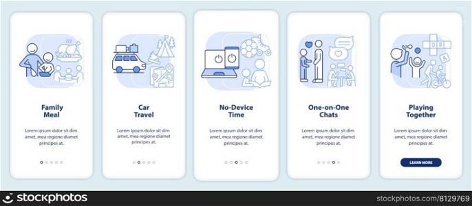 Quality time together light blue onboarding mobile app screen. Walkthrough 5 steps graphic instructions pages with linear concepts. UI, UX, GUI template. Myriad Pro-Bold, Regular fonts used. Quality time together light blue onboarding mobile app screen