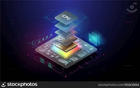 Quantum computer database concept. Futuristic microchip processor. Tech Futuristic Template. Digital chip with HUD elements. Modern CPU illustration . Central Computer Processors.