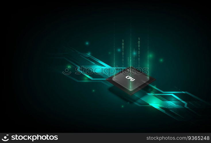 Quantum computer, large data processing, database concept.CPU isometric banner. Central Computer Processors CPU concept.Digital chip Futuristic microchip processor
