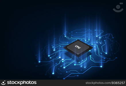 Quantum computer, large data processing, database concept.CPU isometric banner. Central Computer Processors CPU concept.Digital chip Futuristic microchip processor.