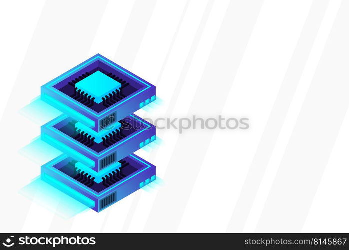 Quantum computer, large data processing, server room, artificial intelligence, data base concept, the microprocessor isometric vector