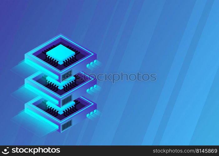 Quantum computer, large data processing, server room, artificial intelligence, data base concept, the microprocessor isometric vector