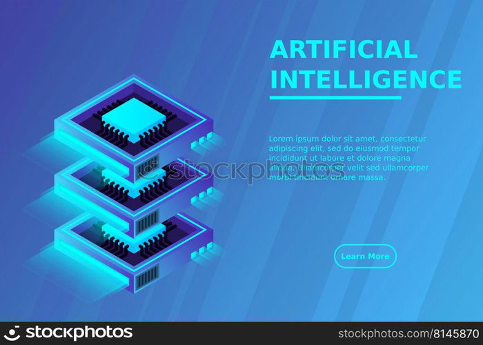 Quantum computer, large data processing, server room, artificial intelligence, data base concept, the microprocessor isometric vector