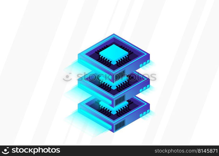 Quantum computer, large data processing, server room, artificial intelligence, data base concept, the microprocessor isometric vector