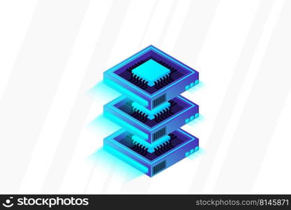 Quantum computer, large data processing, server room, artificial intelligence, data base concept, the microprocessor isometric vector