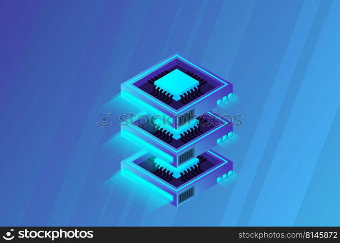 Quantum computer, large data processing, server room, artificial intelligence, data base concept, the microprocessor isometric vector