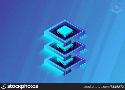 Quantum computer, large data processing, server room, artificial intelligence, data base concept, the microprocessor isometric vector