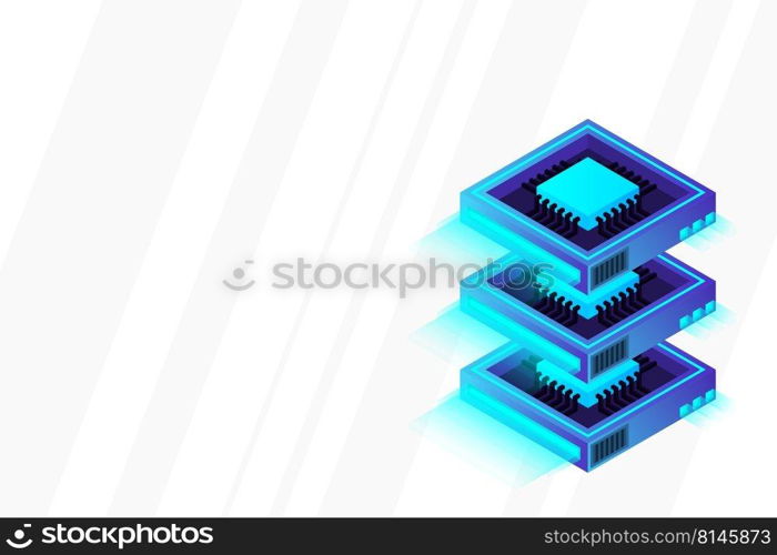 Quantum computer, large data processing, server room, artificial intelligence, data base concept, the microprocessor isometric vector