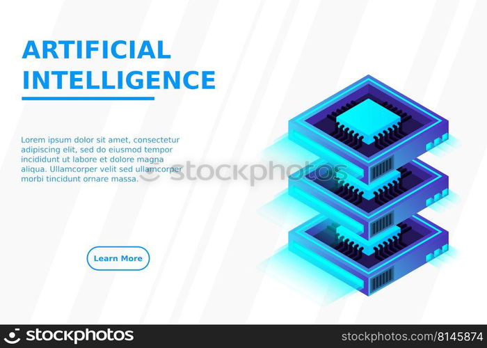 Quantum computer, large data processing, server room, artificial intelligence, data base concept, the microprocessor isometric vector