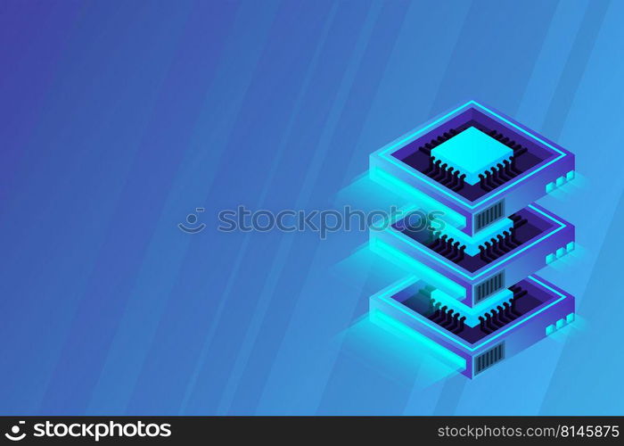Quantum computer, large data processing, server room, artificial intelligence, data base concept, the microprocessor isometric vector