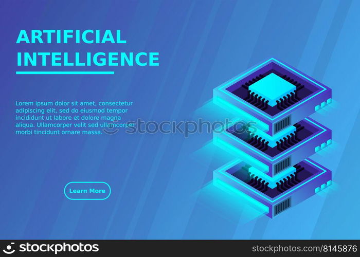 Quantum computer, large data processing, server room, artificial intelligence, data base concept, the microprocessor isometric vector