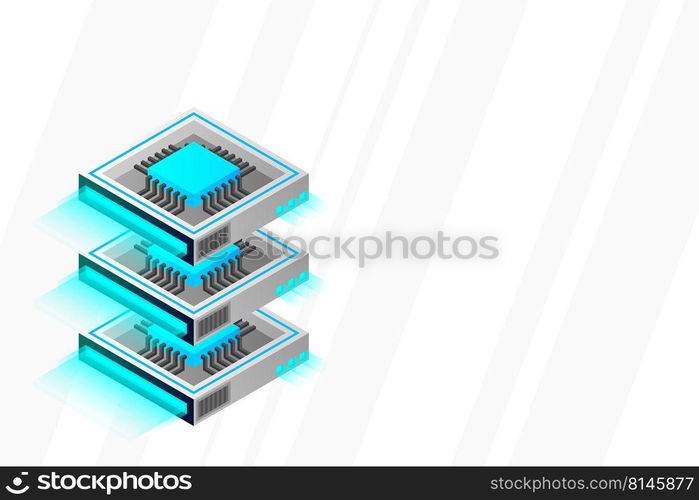 Quantum computer, large data processing, server room, artificial intelligence, data base concept, the microprocessor isometric vector