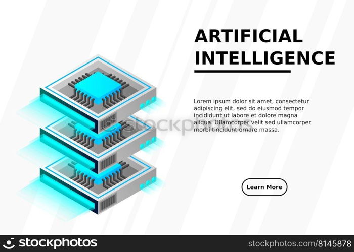 Quantum computer, large data processing, server room, artificial intelligence, data base concept, the microprocessor isometric vector