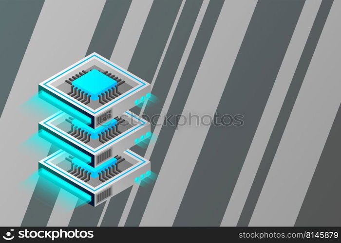 Quantum computer, large data processing, server room, artificial intelligence, data base concept, the microprocessor isometric vector