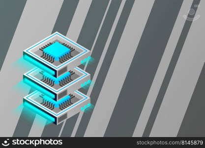 Quantum computer, large data processing, server room, artificial intelligence, data base concept, the microprocessor isometric vector