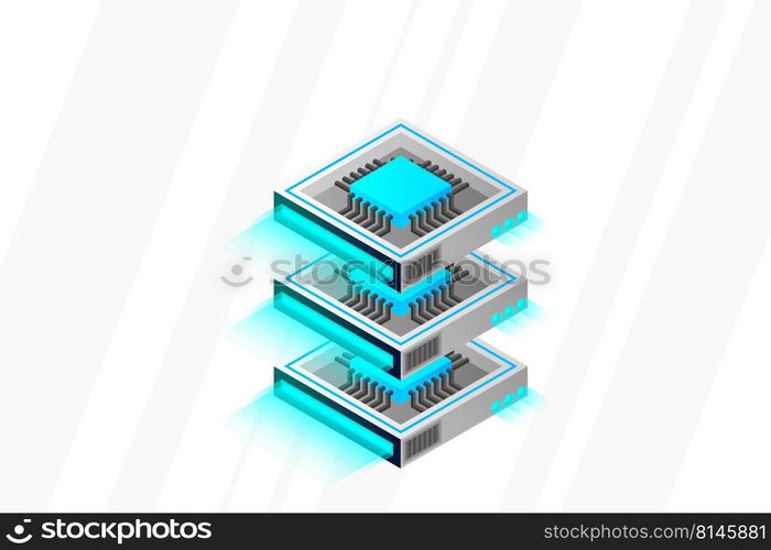 Quantum computer, large data processing, server room, artificial intelligence, data base concept, the microprocessor isometric vector