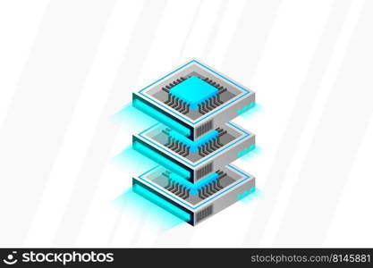 Quantum computer, large data processing, server room, artificial intelligence, data base concept, the microprocessor isometric vector