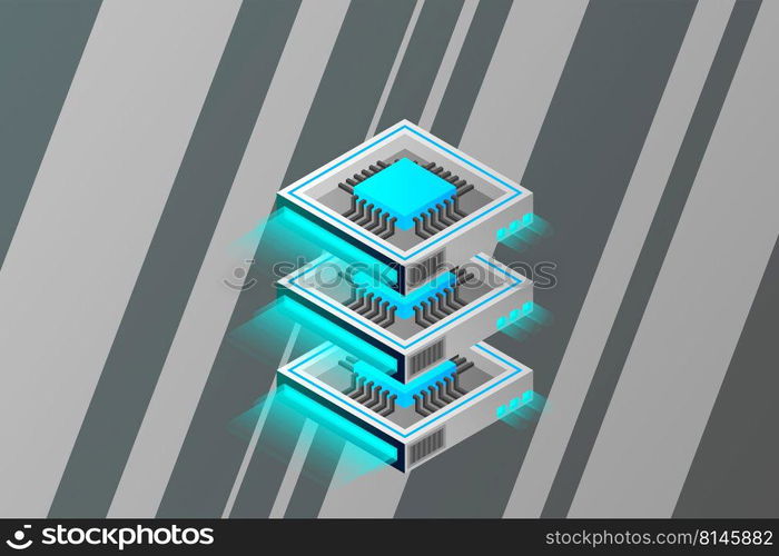 Quantum computer, large data processing, server room, artificial intelligence, data base concept, the microprocessor isometric vector