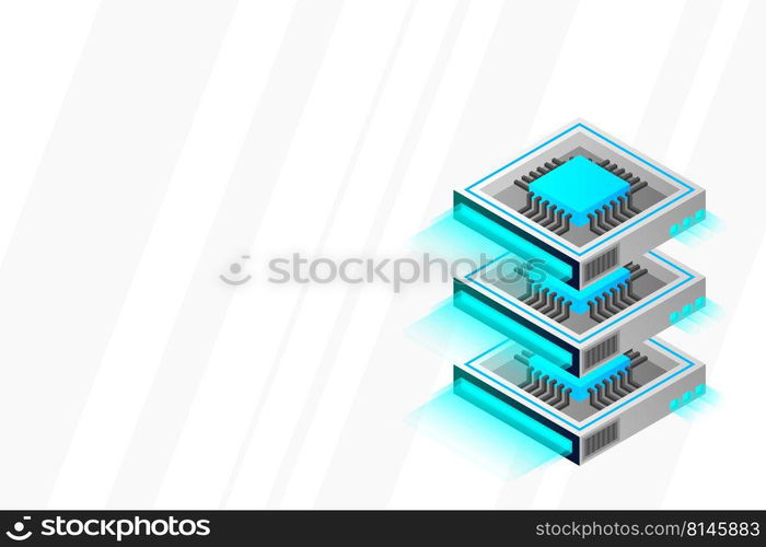 Quantum computer, large data processing, server room, artificial intelligence, data base concept, the microprocessor isometric vector