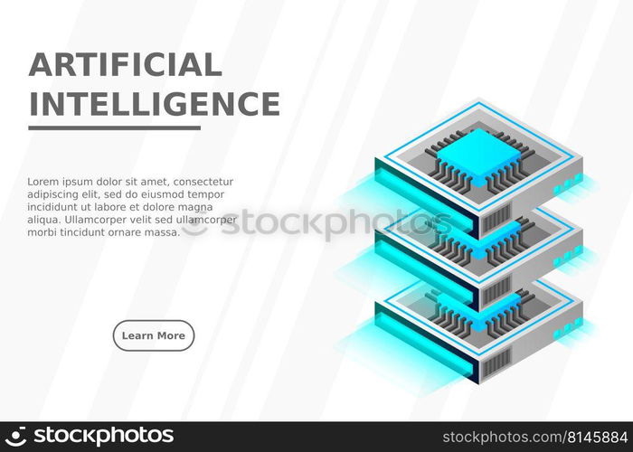 Quantum computer, large data processing, server room, artificial intelligence, data base concept, the microprocessor isometric vector