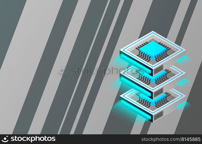 Quantum computer, large data processing, server room, artificial intelligence, data base concept, the microprocessor isometric vector