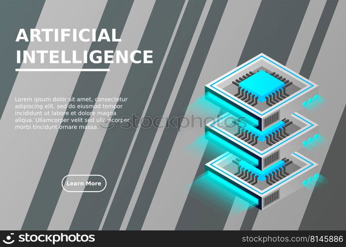 Quantum computer, large data processing, server room, artificial intelligence, data base concept, the microprocessor isometric vector