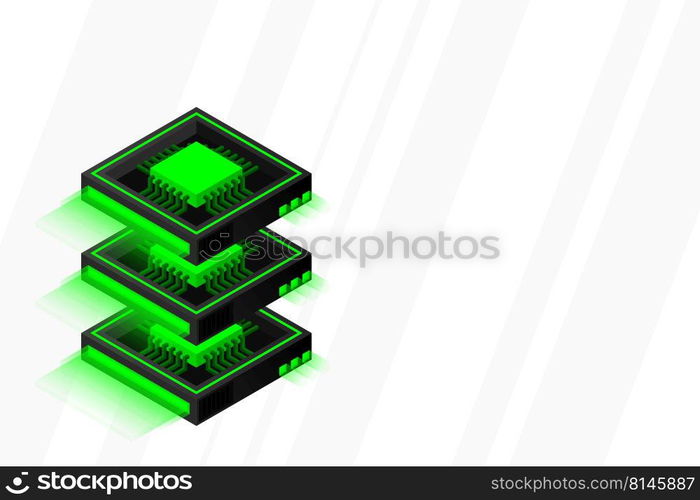 Quantum computer, large data processing, server room, artificial intelligence, data base concept, the microprocessor isometric vector