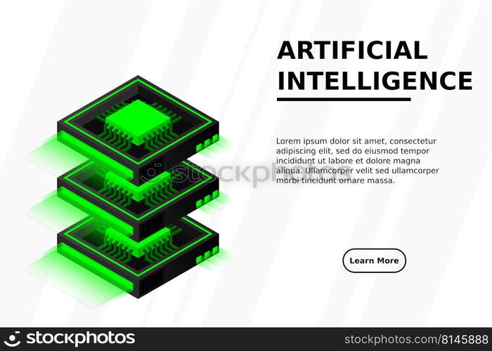 Quantum computer, large data processing, server room, artificial intelligence, data base concept, the microprocessor isometric vector