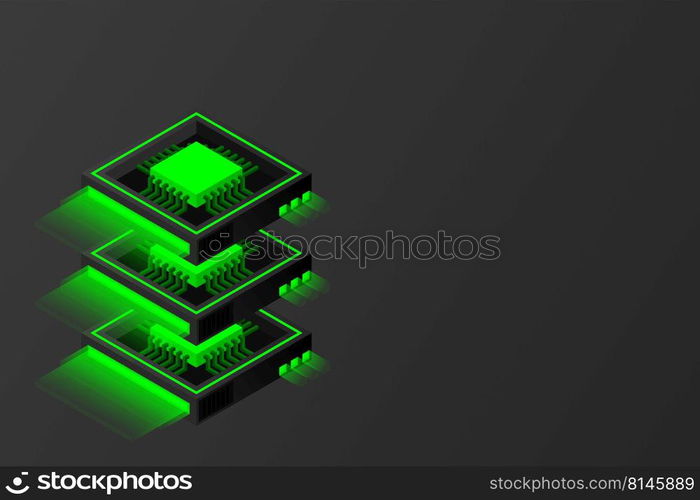 Quantum computer, large data processing, server room, artificial intelligence, data base concept, the microprocessor isometric vector