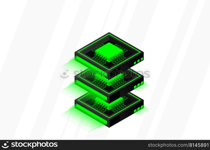 Quantum computer, large data processing, server room, artificial intelligence, data base concept, the microprocessor isometric vector
