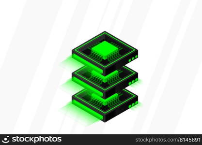 Quantum computer, large data processing, server room, artificial intelligence, data base concept, the microprocessor isometric vector