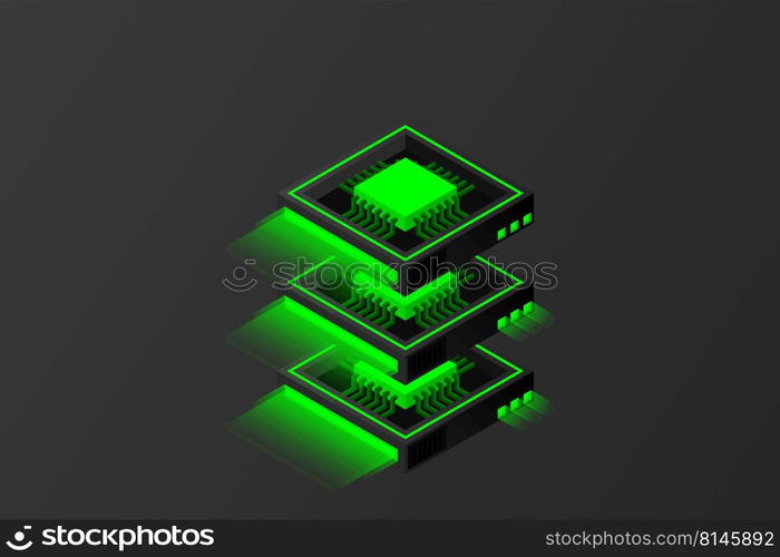 Quantum computer, large data processing, server room, artificial intelligence, data base concept, the microprocessor isometric vector