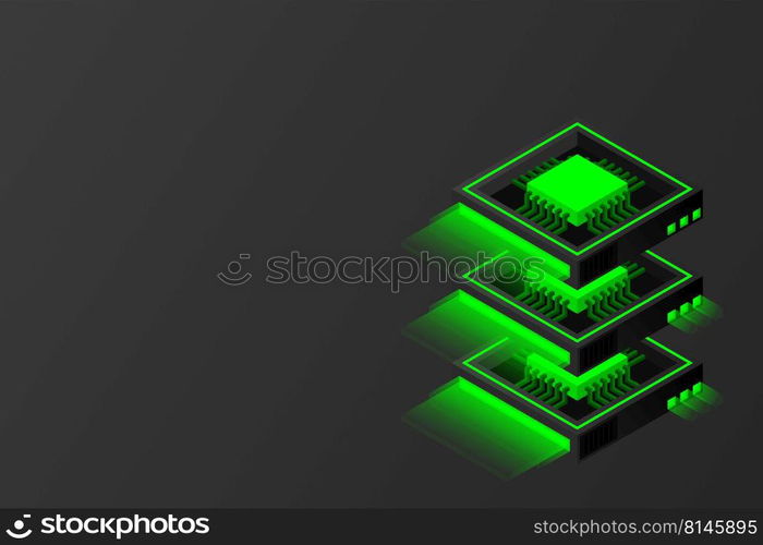Quantum computer, large data processing, server room, artificial intelligence, data base concept, the microprocessor isometric vector