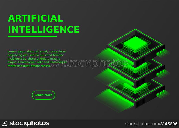 Quantum computer, large data processing, server room, artificial intelligence, data base concept, the microprocessor isometric vector