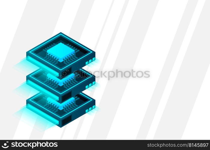 Quantum computer, large data processing, server room, artificial intelligence, data base concept, the microprocessor isometric vector