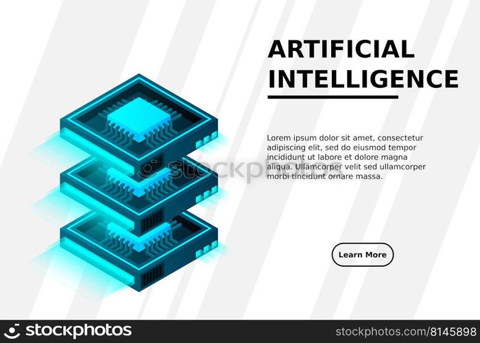 Quantum computer, large data processing, server room, artificial intelligence, data base concept, the microprocessor isometric vector
