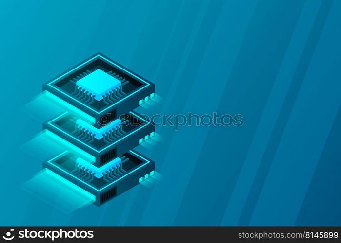 Quantum computer, large data processing, server room, artificial intelligence, data base concept, the microprocessor isometric vector